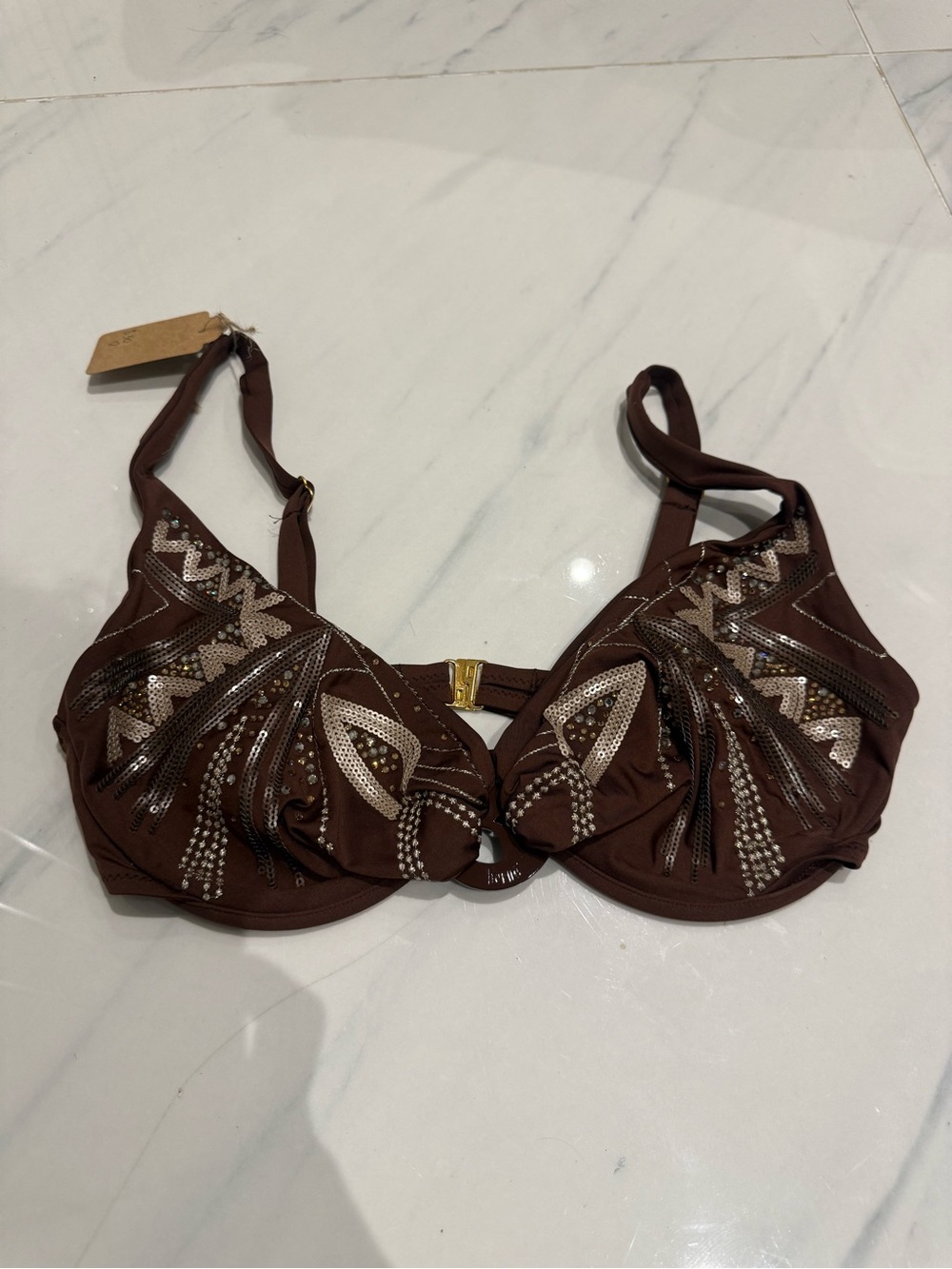 Brown Embellished Underwire swim top with Sequin Accents made in Italy